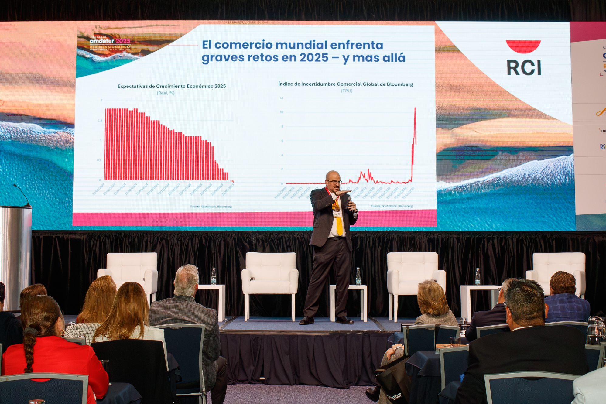 Eduardo Suárez Mogollón, Vicepresidente de Economía para LATAM y México en Scotiabank, durante su conferencia sobre el panorama económico global en el Congreso AMDETUR 2025.