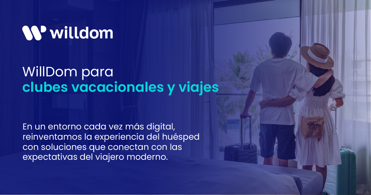 Imagen promocional de WillDom, nuevo afiliado de AMDETUR, destacando su enfoque tecnológico para clubes vacacionales y viajes, con una pareja de espaldas mirando hacia una ventana en una habitación de hotel.