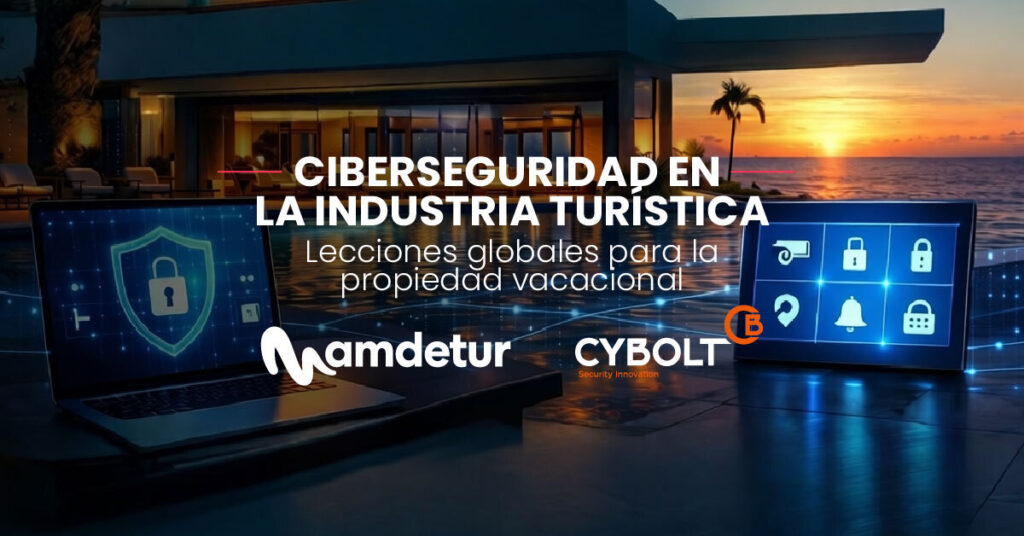 Ciberseguridad en la industria turística y propiedad vacacional, ilustrada con un resort y sistemas digitales que representan protección de información y gestión de riesgos empresariales.