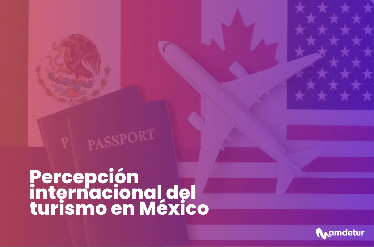 Representación visual del turismo internacional en México con pasaportes, avión y banderas de México, Estados Unidos y Canadá, ilustrando la relación con los principales mercados emisores.