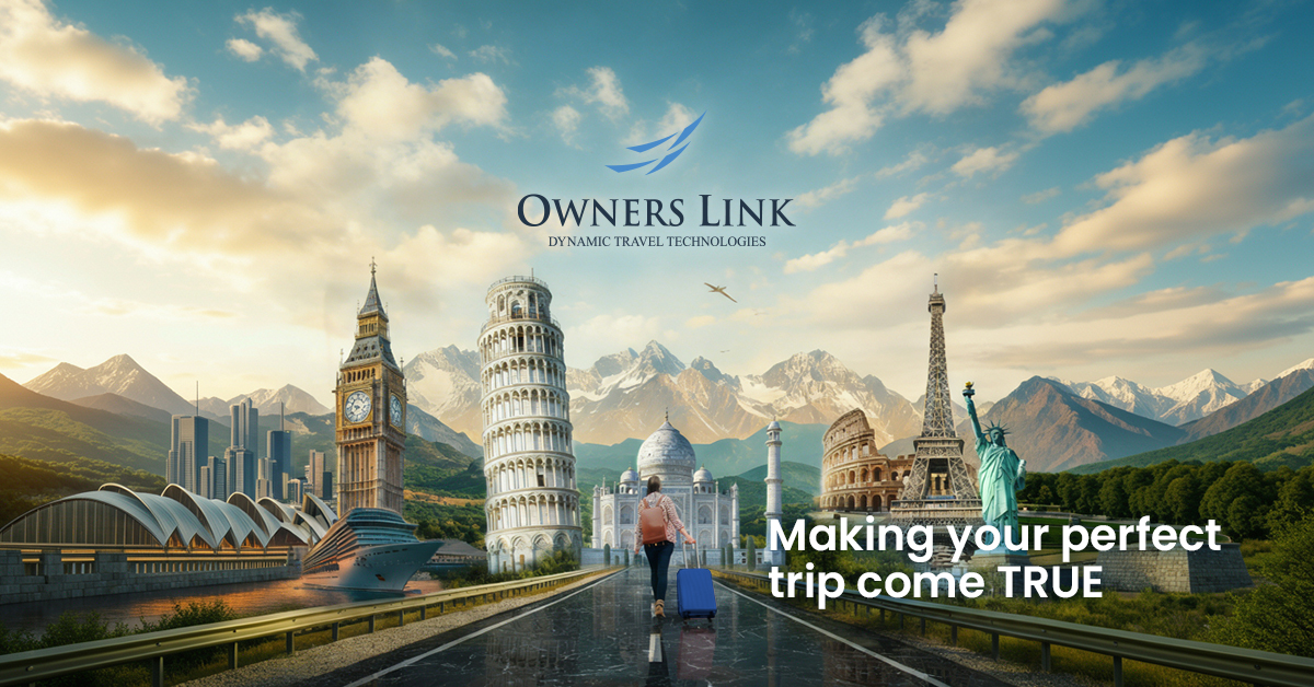 Imagen promocional de Owners Link con destinos turísticos icónicos del mundo, representando su plataforma global de viajes para socios de clubes vacacionales y su incorporación como nuevo afiliado de AMDETUR